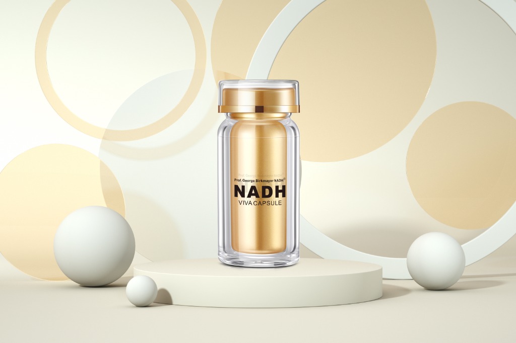 NADH VIVA bottle on podium